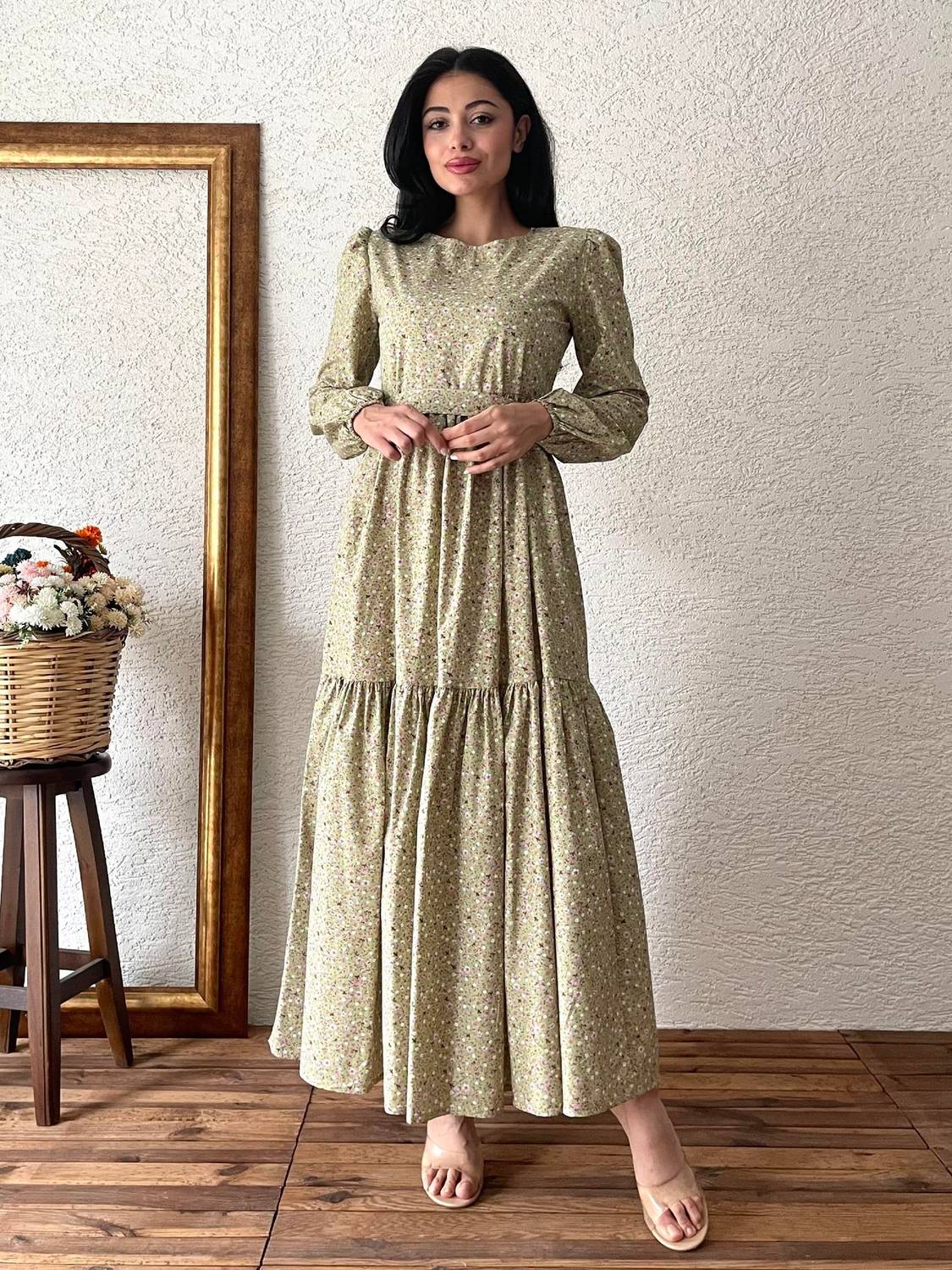 Uzun Yeşil Çiçekli Kat Kat Poplin Elbise