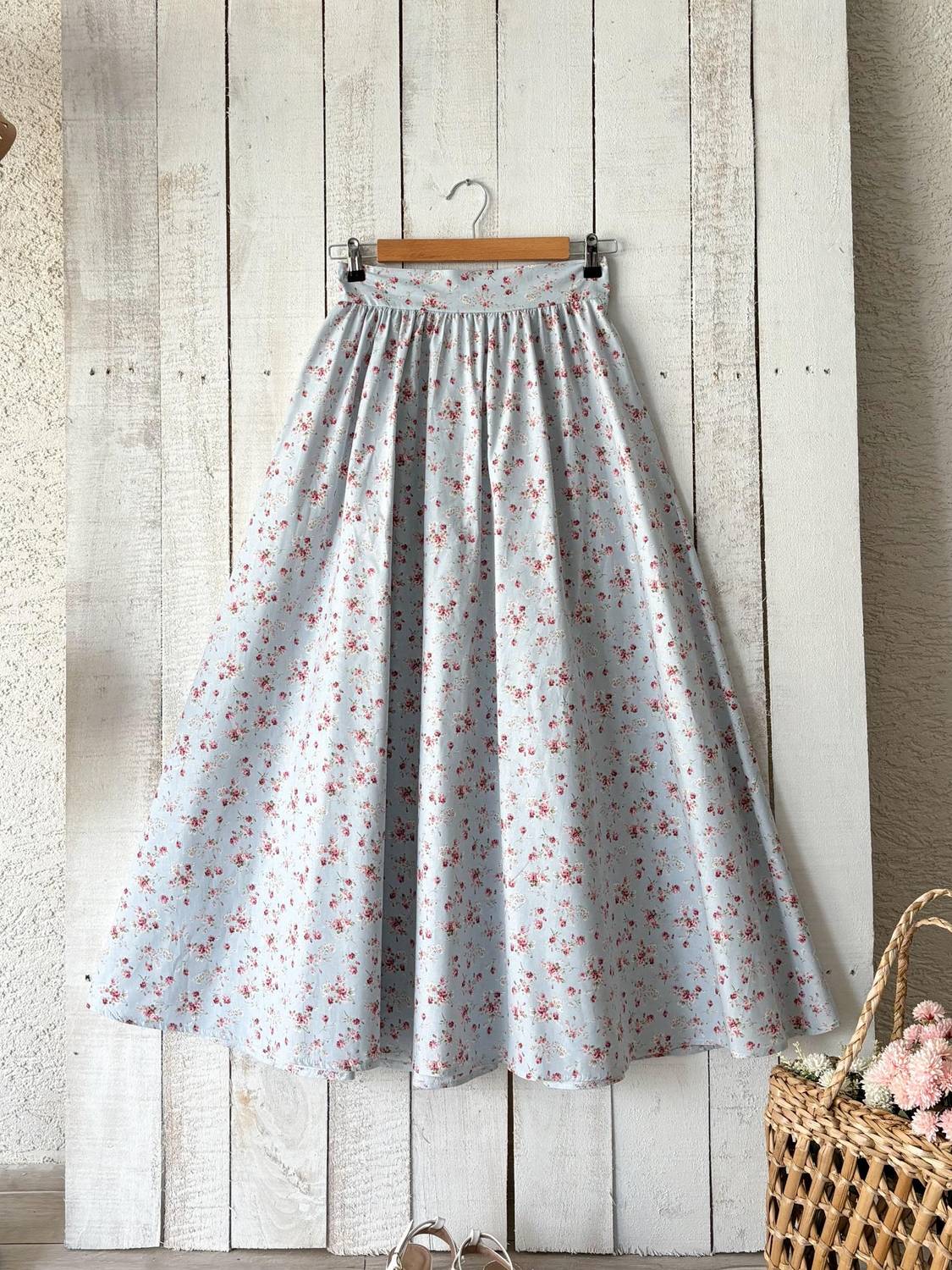 Mavi Çiçekli Kloş Poplin Etek