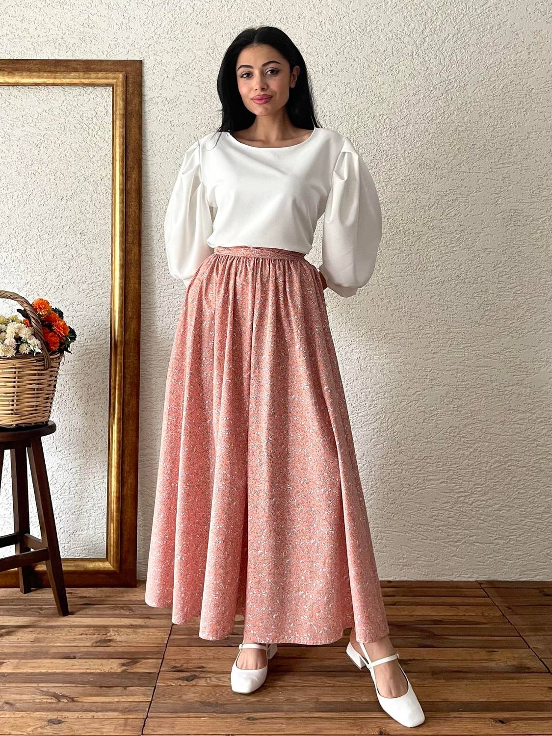 Turuncu Çıtır Poplin Kloş Etek