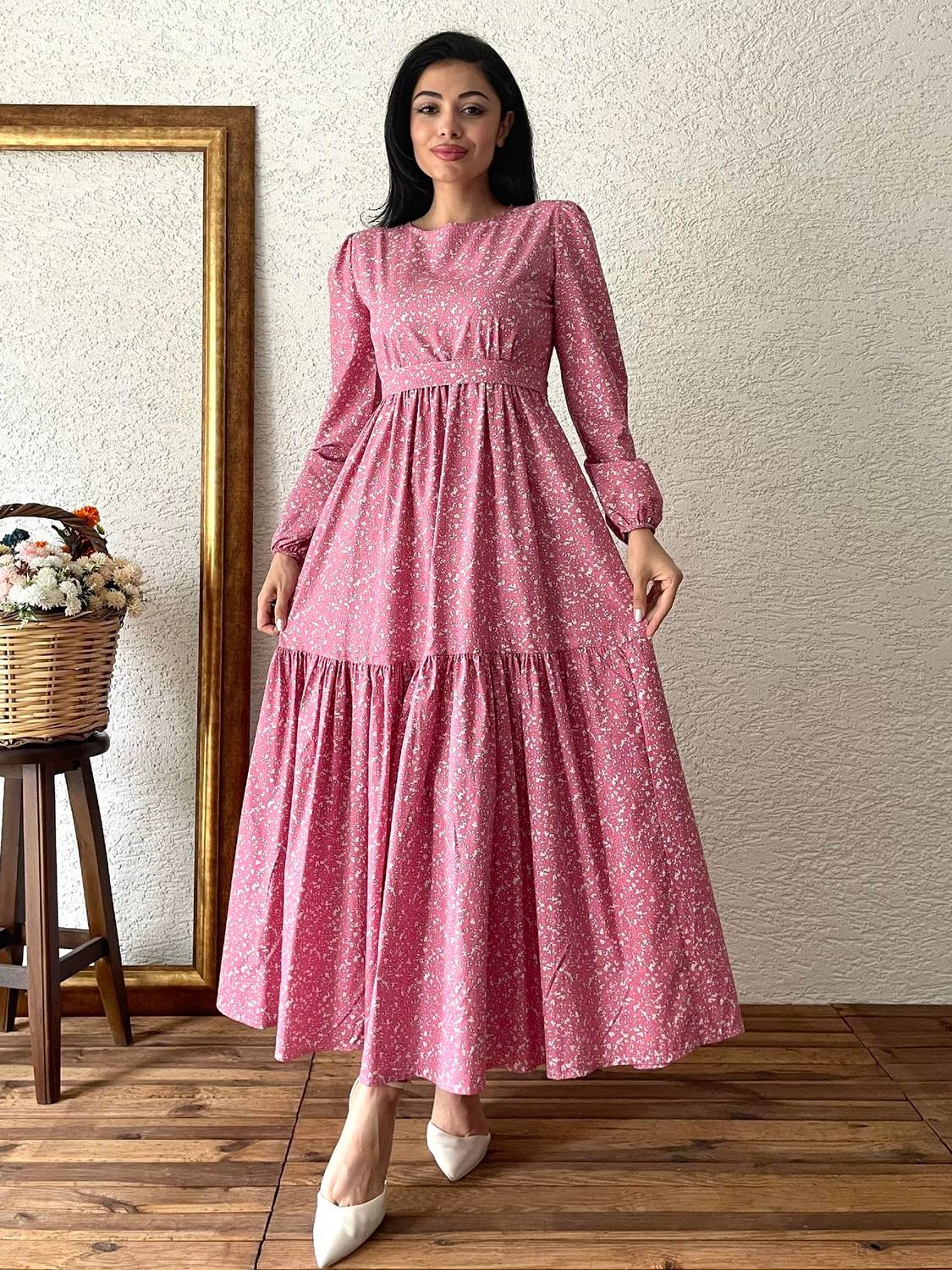 Long Pink Ruffled Poplin Dress - 100% Cotton, Breathable, Available in Sizes S to 3XL