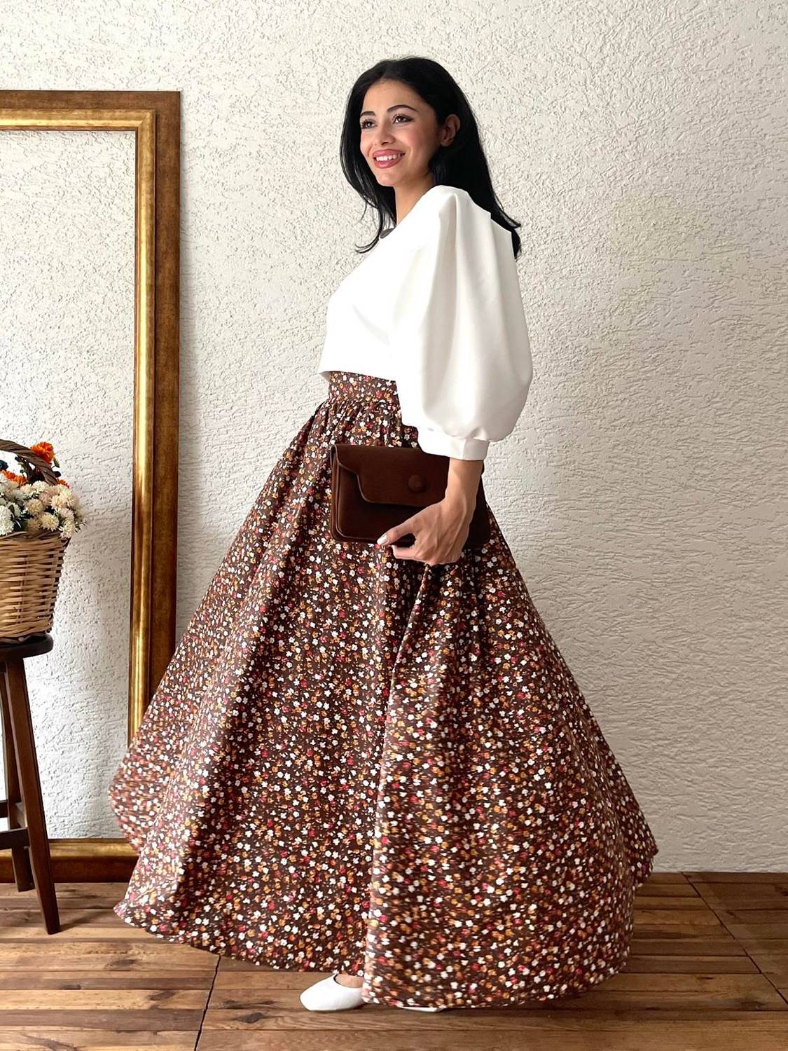 Kahve Çiçekli Kloş Poplin Etek