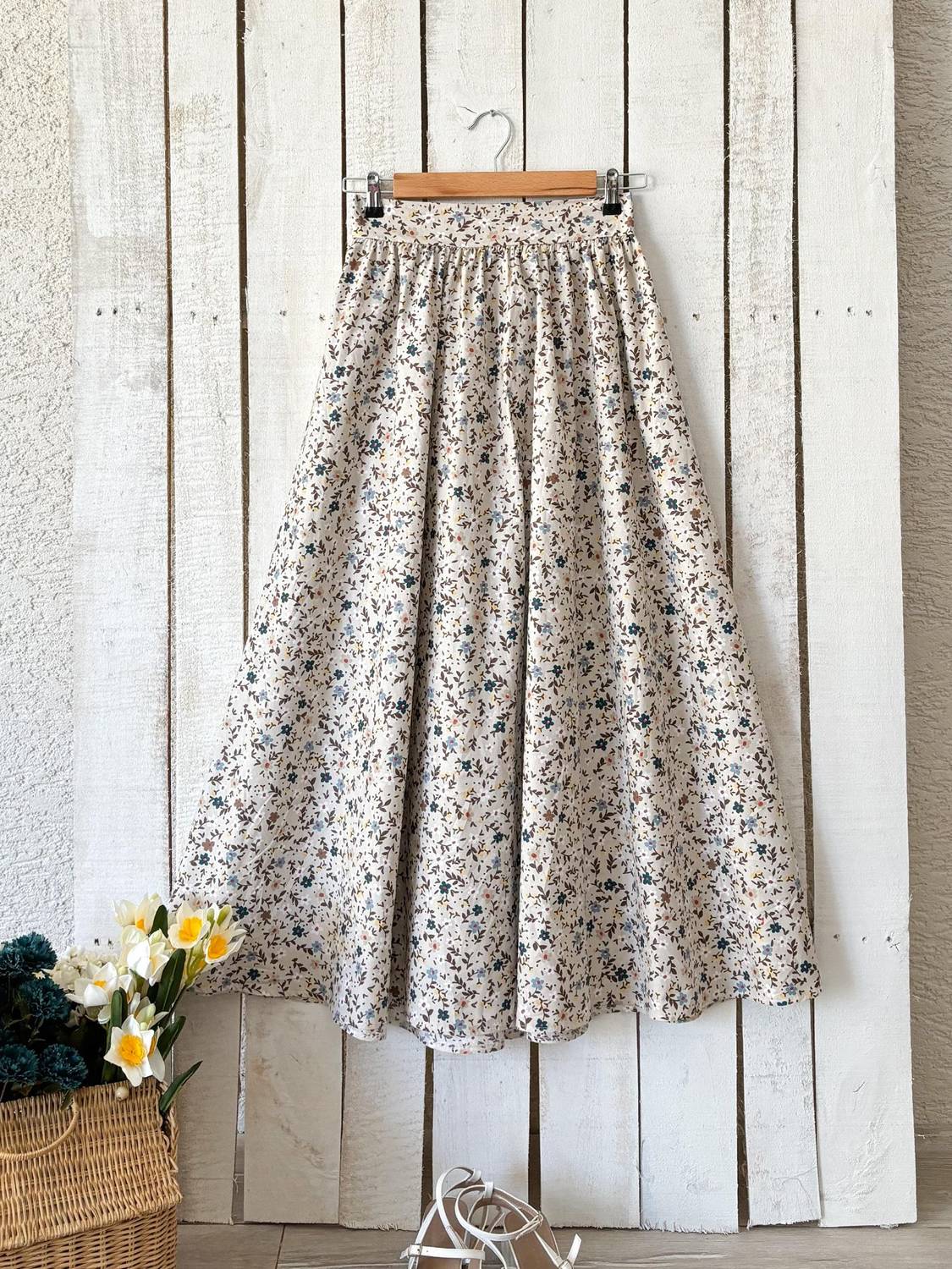 Gri Kahve Çiçekli Kloş Etek