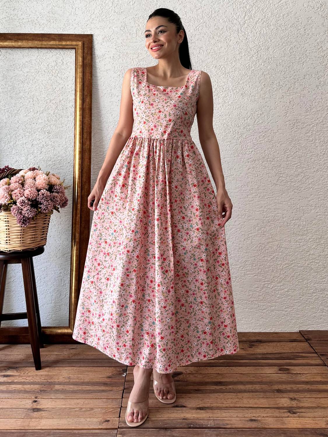 Floral Mini Poplin Dress for Women, 135cm Length, Available in Sizes 1 (36-38), 2 (40-42), 3 (44-46), Hand Wash Recommended