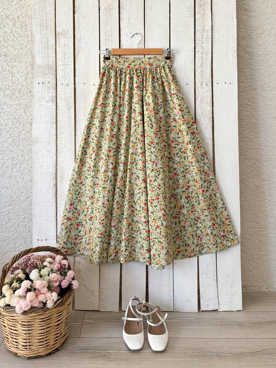  Yeşil Çok Çiçekli Poplin Kloş Etek