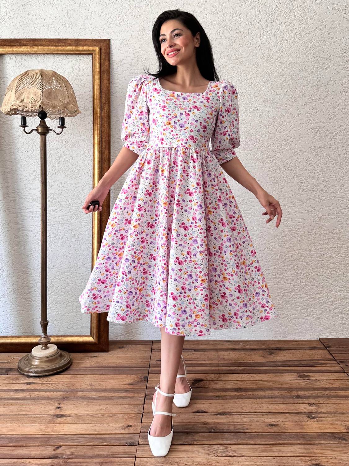 Платье с квадратным вырезом и цветочным узором из гофрированной ткани, размер 1 и 2 для женщин, длина около 110 см