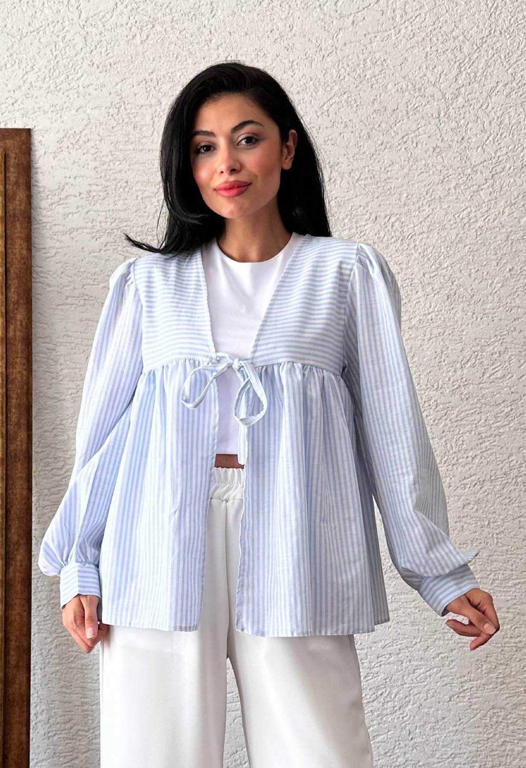 Mavi Bağlamalı Çizgili Bluz