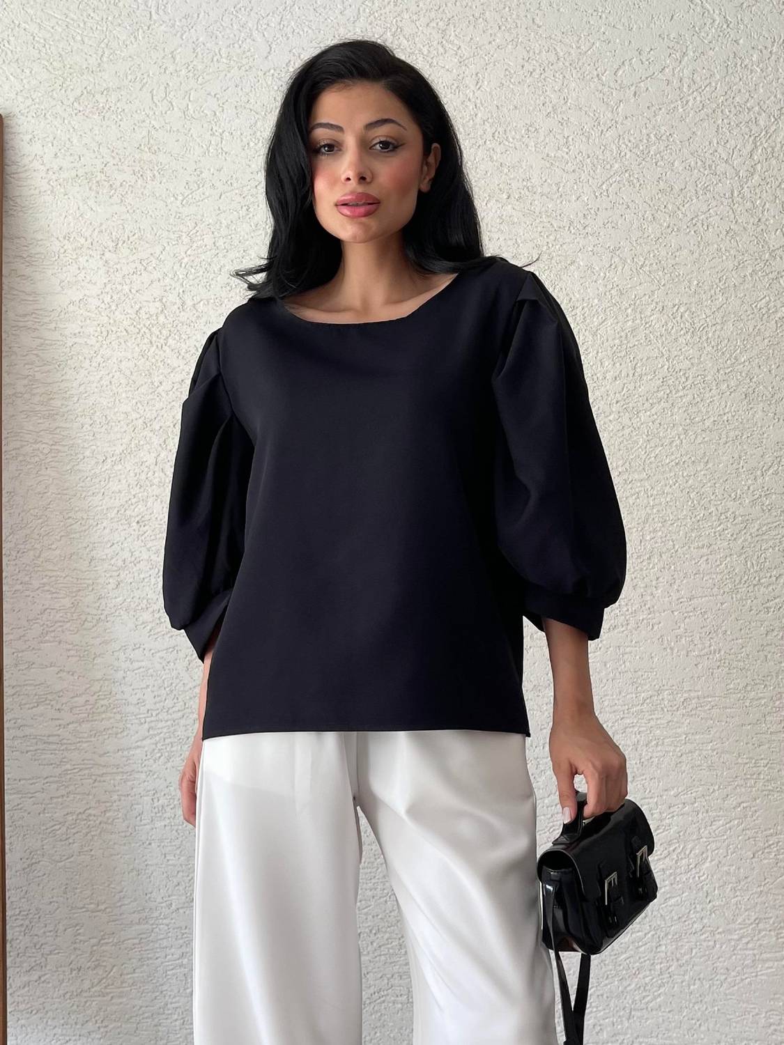 Siyah Krep Balon Kol Bisiklet Yaka Bluz