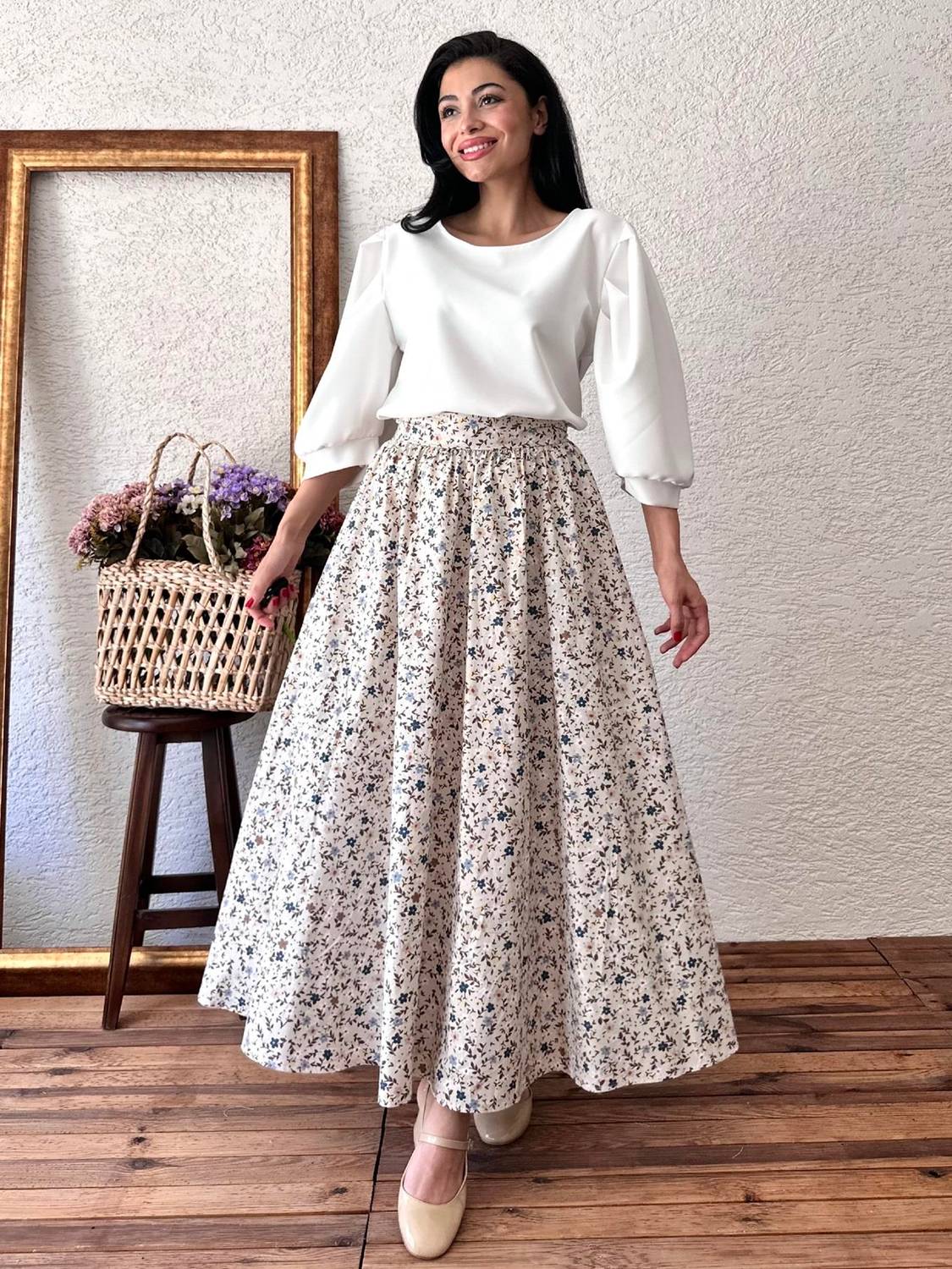 Mini Çiçekli Gri-Kahve  Kloş Poplin Etek