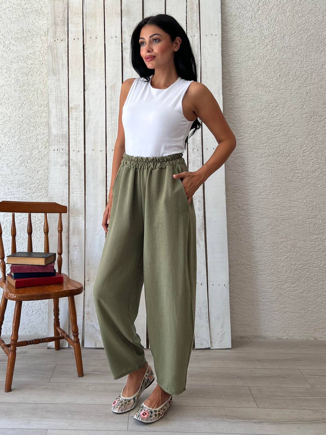 Yeşil Keten Salaş Pantolon