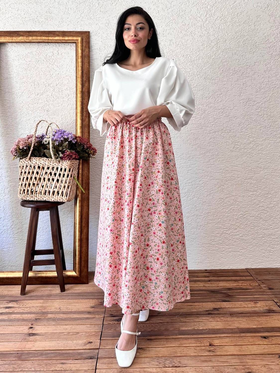 Mini Çiçekli Pudra Poplin Etek