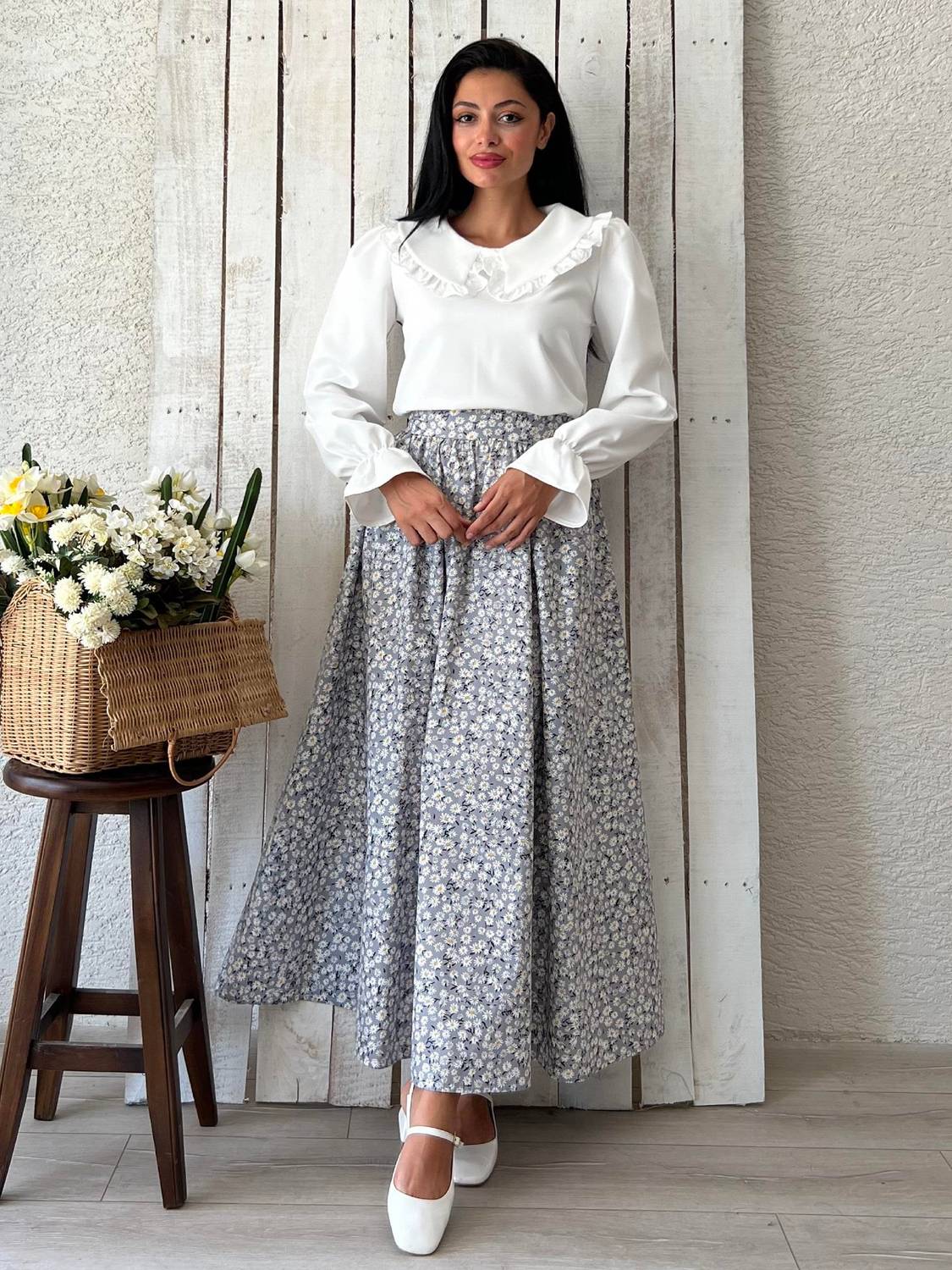 Gri Papatyalı Kloş Poplin Etek