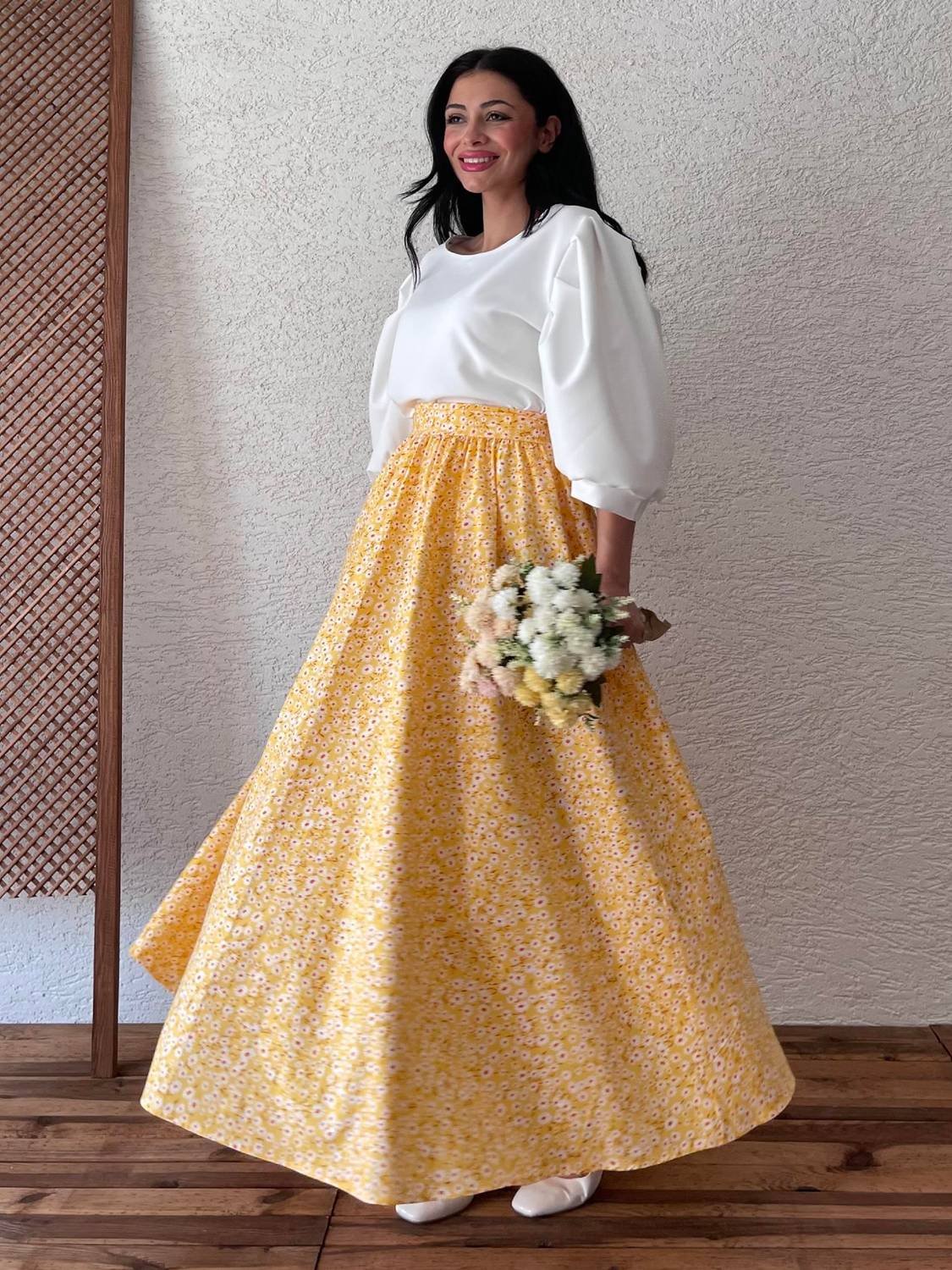 Sarı Papatya Kloş Poplin Etek