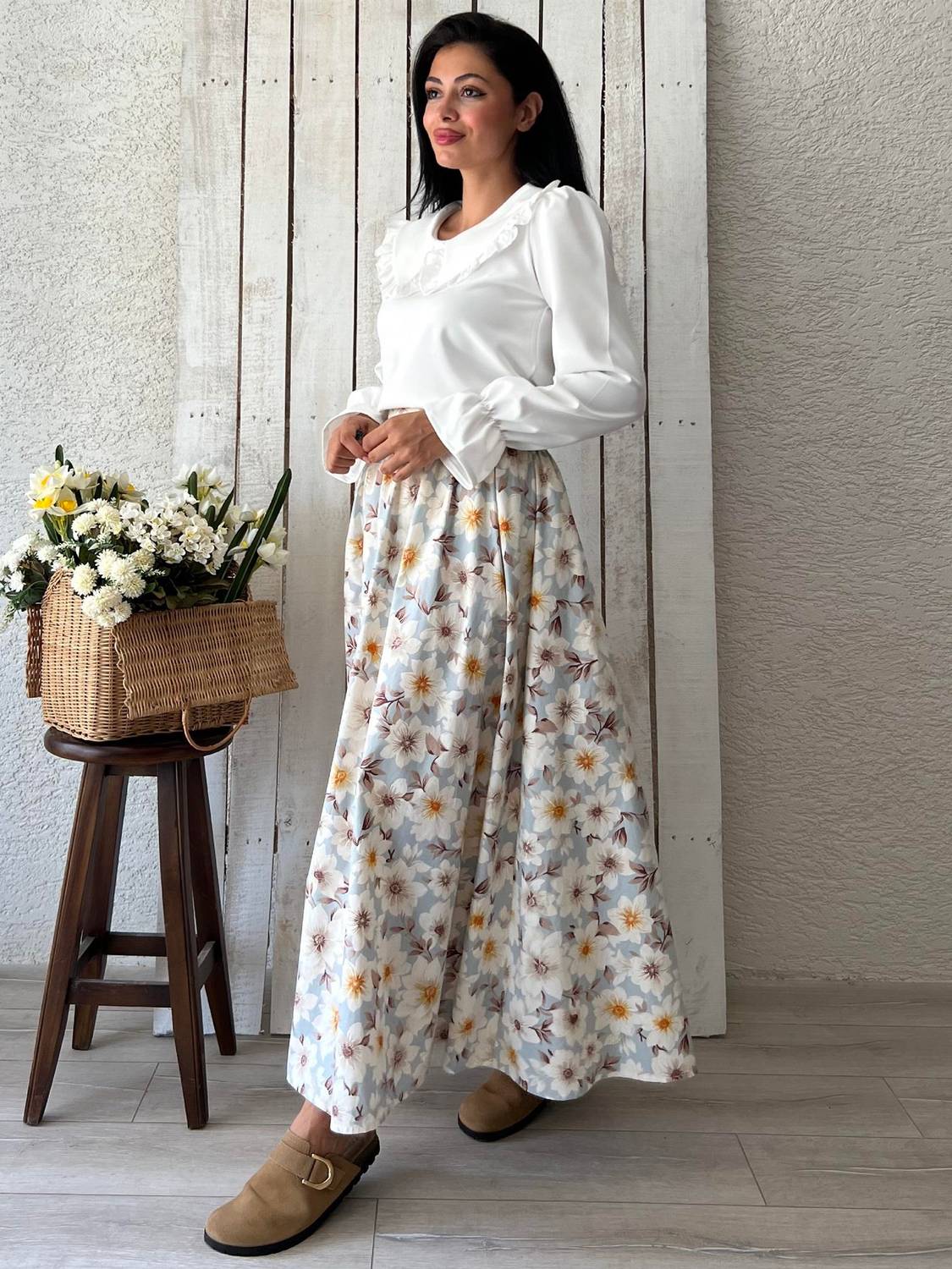 Mavi Açelya Çiçeği Kloş Poplin Etek