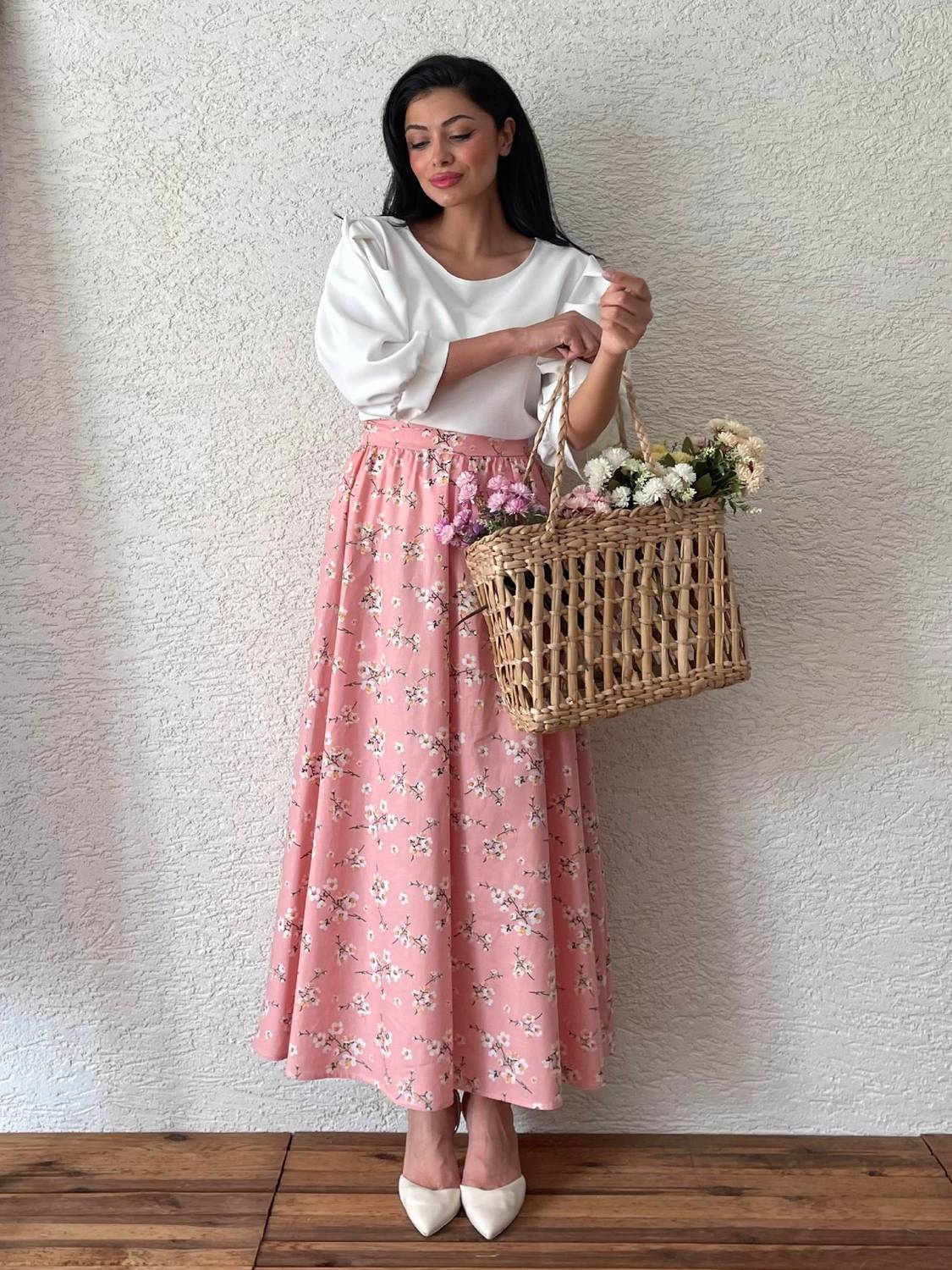 Pudra Bahar dalı Poplin Kloş Etek