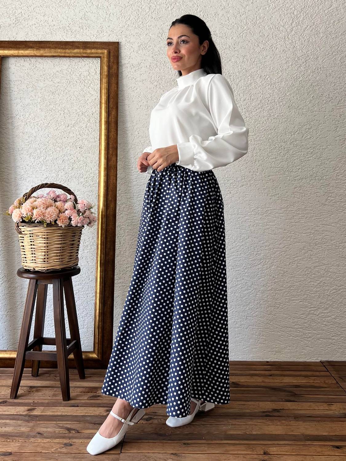 Lacivert Puantiyeli Kloş Poplin Etek