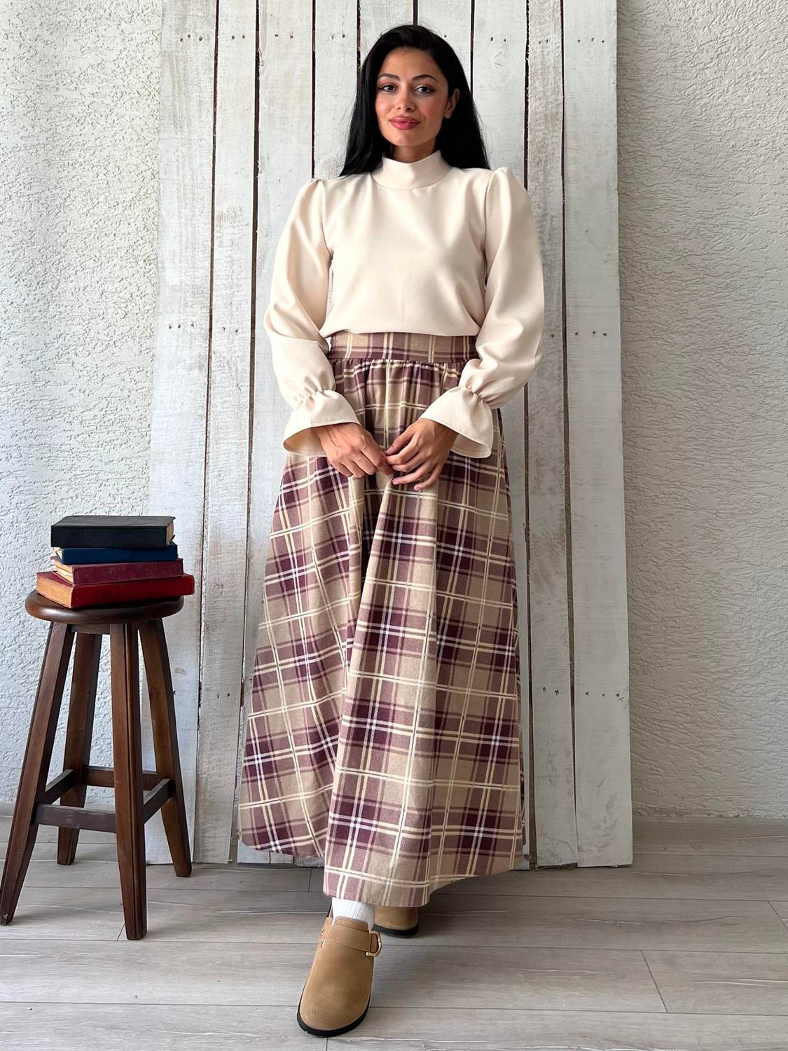 Krem-Bordo Ekose Kloş Etek
