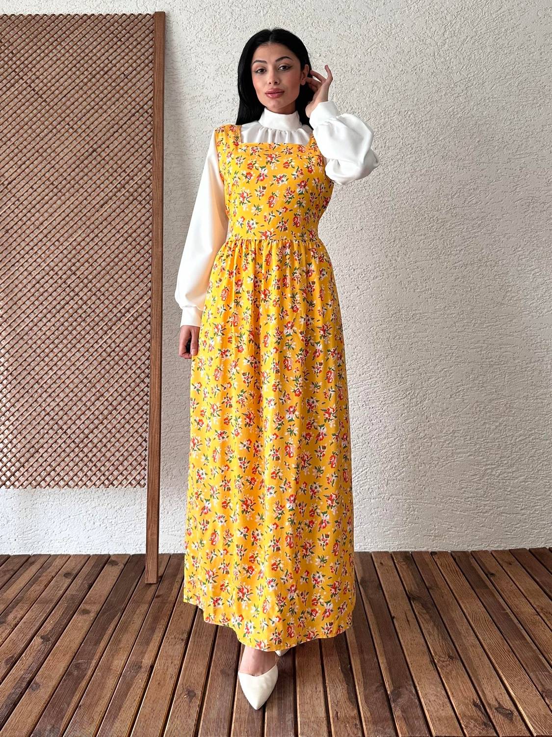 Viscose Yellow Floral Dress 135cm Standard Size Soft Cotton Fabric Suitable for 36-40 Dry Cleanable Easy Care