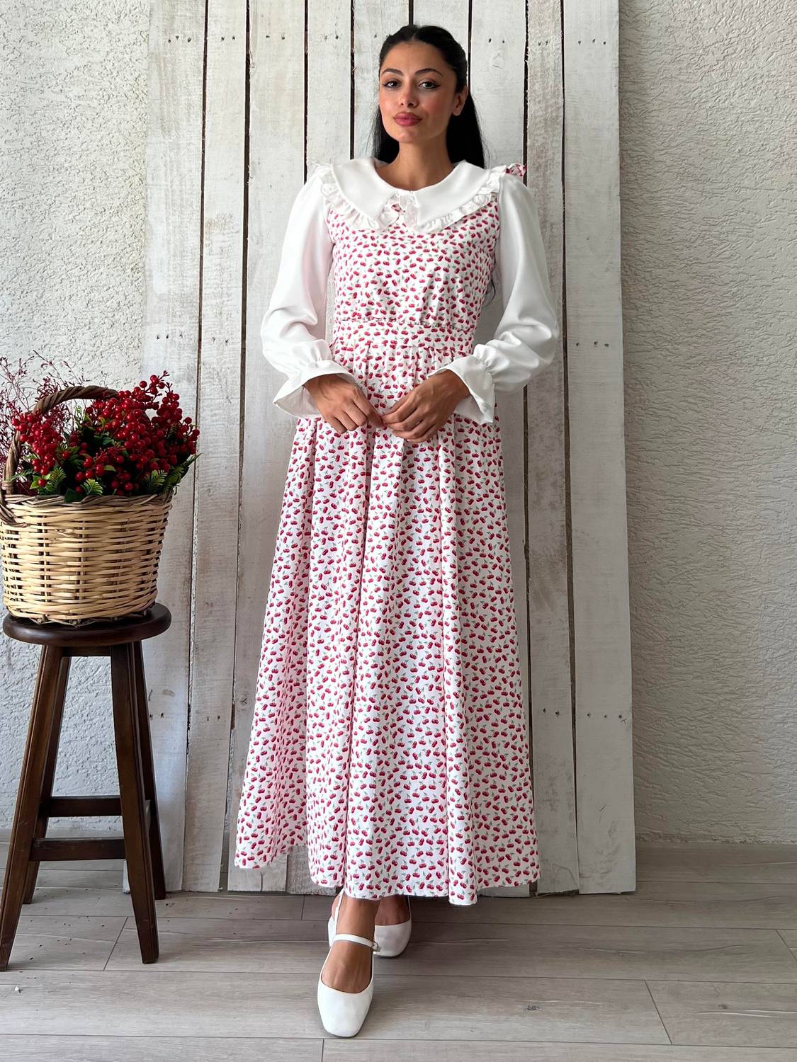 Біла блузка комплект з мереживним коміром та малюнком вишні (2 предмети) для жінок, 100% бавовна, різні розміри