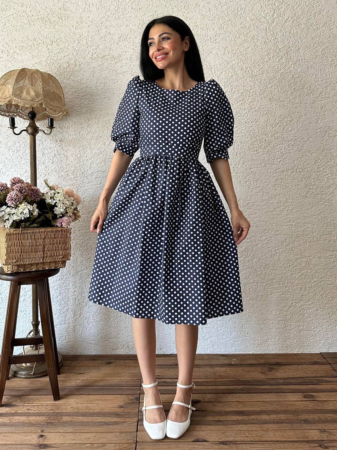 Lacivert Puantiyeli Karpuz Kollu Elbise