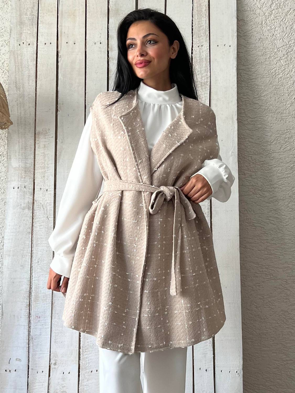 Beige Oversized Tweed Poncho, Relaxed Fit, Standard Size, Lightweight, Easy Care, Non-Sheer Fabric