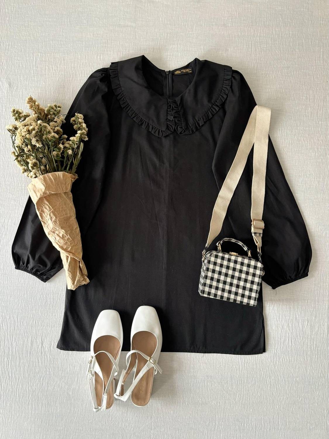 Siyah Bebe Yaka Poplin Tunik