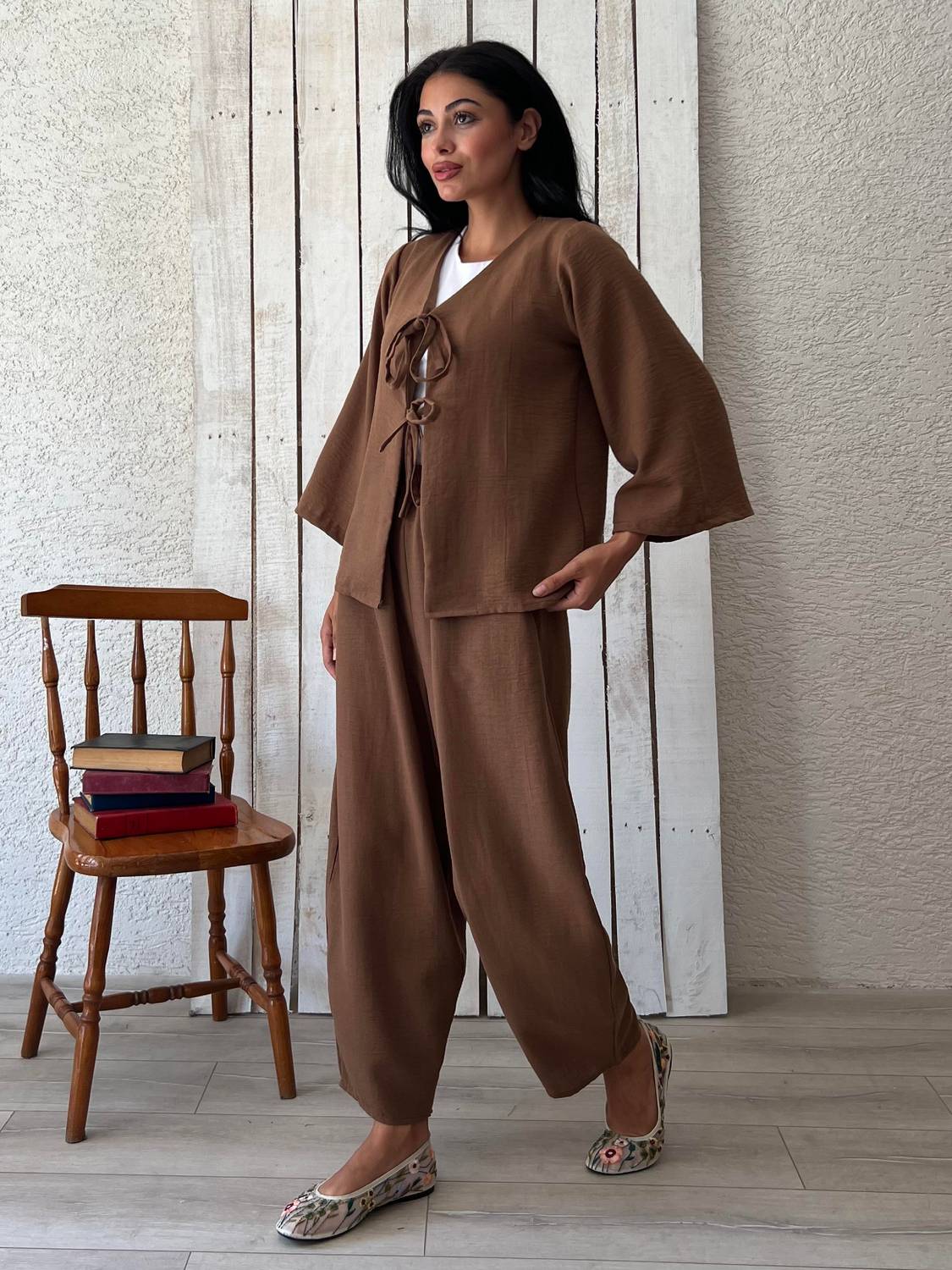 Kahverengi Keten Pantolon-Bağlamalı Bluz Takımı (2 li Takım)