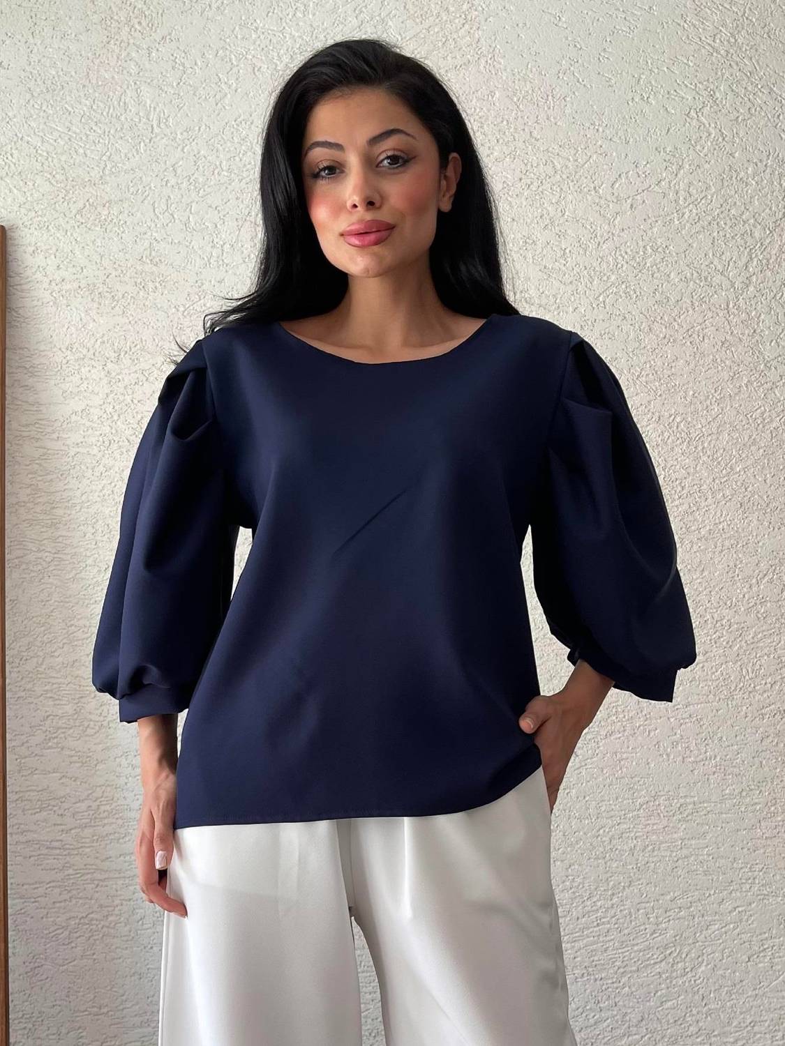 Lacivert Krep Balon Kol Bisiklet Yaka Bluz