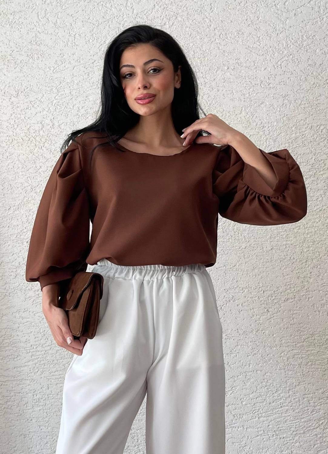 Kahverengi Krep Balon Kol Bisiklet Yaka Bluz