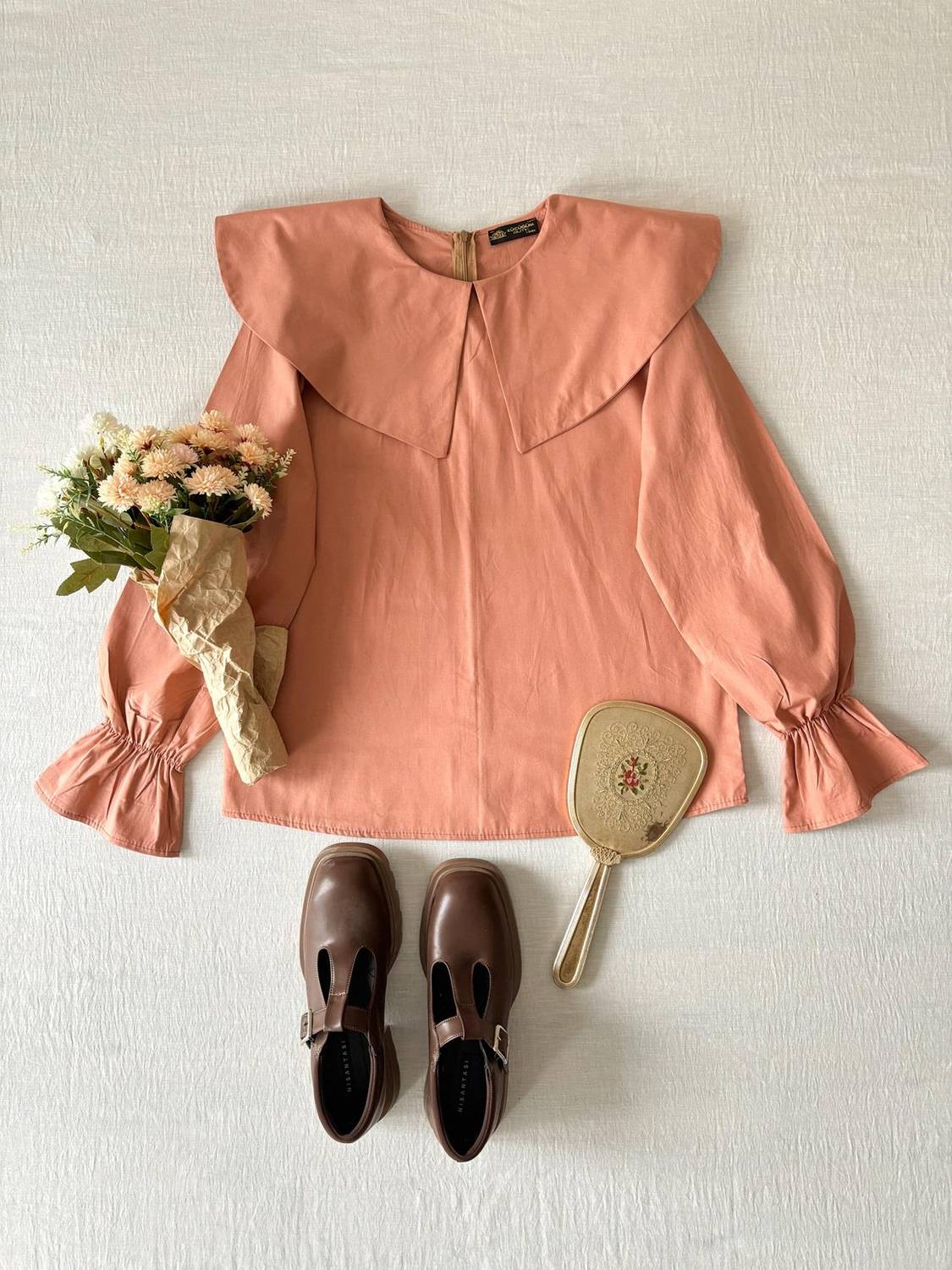 Somon Rengi Büyük Yakalı Poplin Bluz