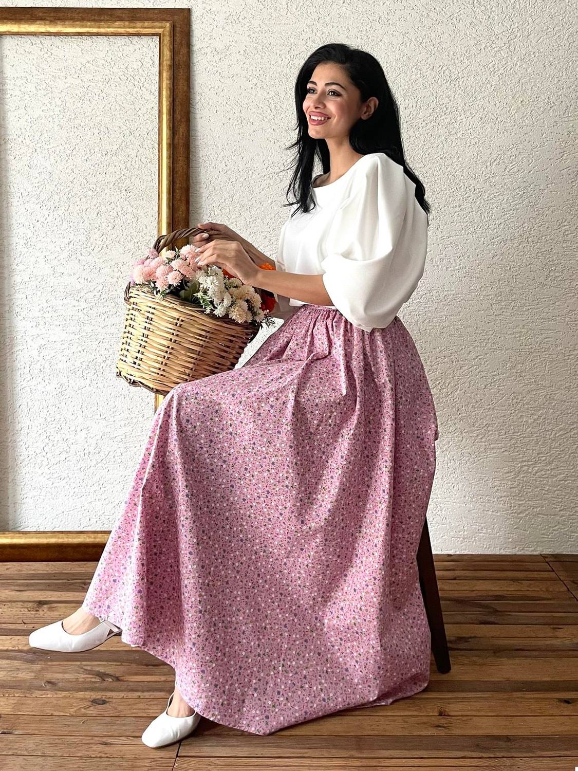 Рожевий-фіолетовий спідниця з квітковим малюнком, поплін, розміри 36-46, приємна до тіла, легке прання, не показує фігури