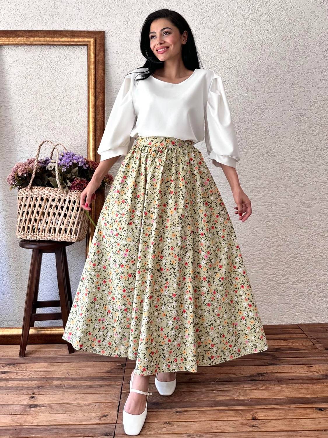 Mini Çiçekli Yeşil Poplin Etek