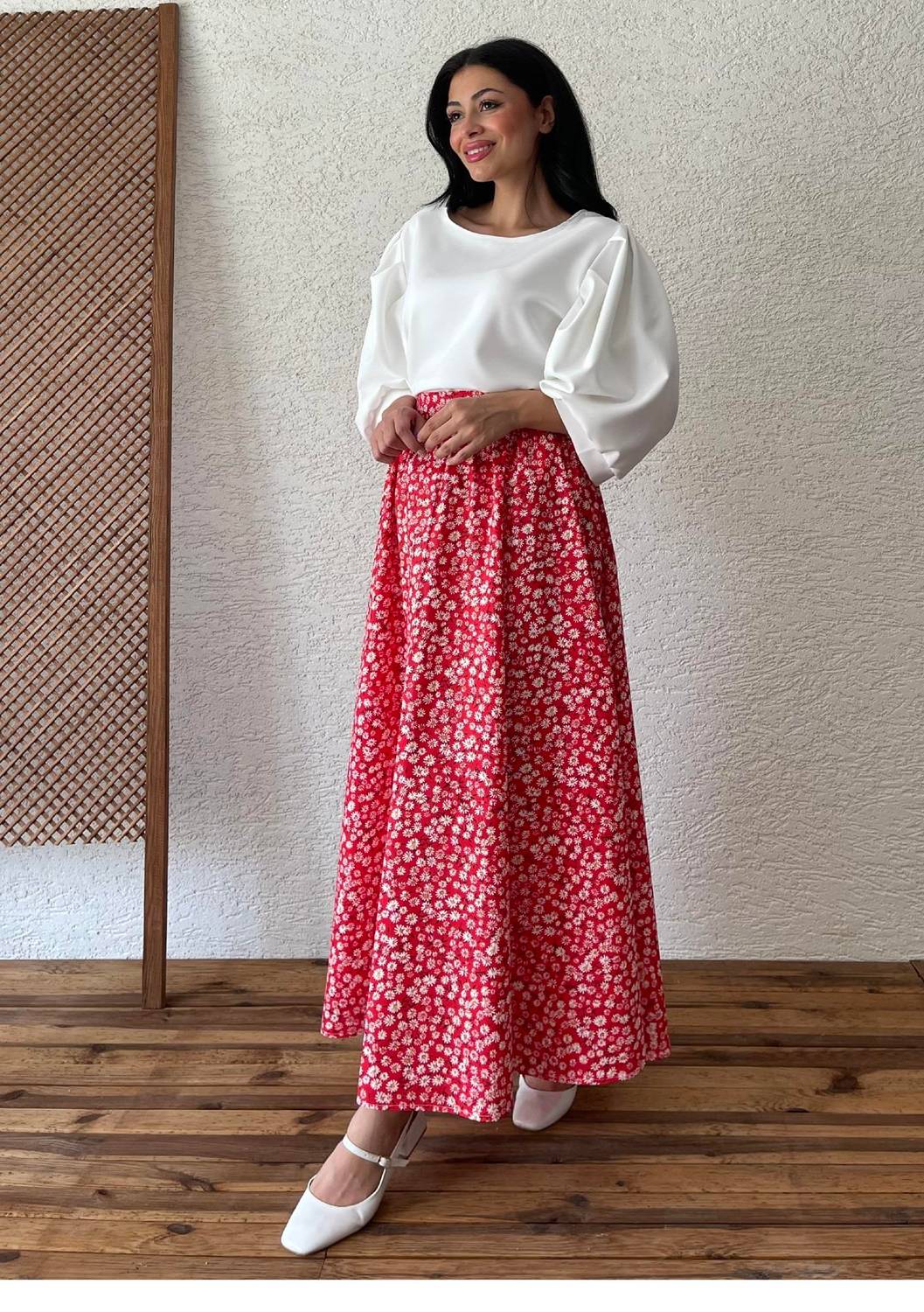 Kırmızı Papatya Kloş Poplin Etek
