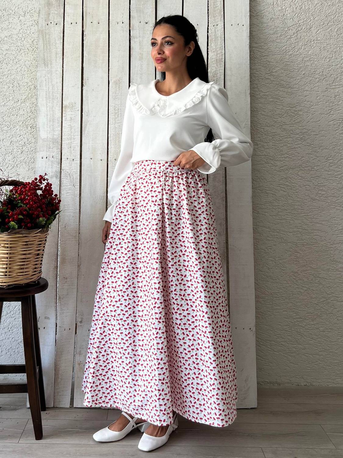 Kiraz Desenli Kloş Poplin Etek