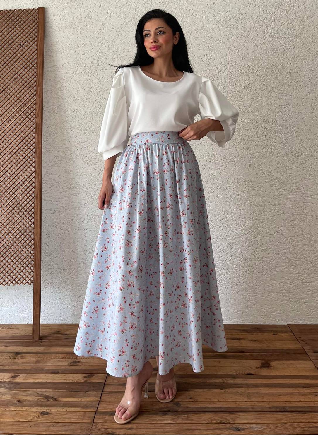 Mavi-Bordo Çiçekli Kloş Poplin Etek