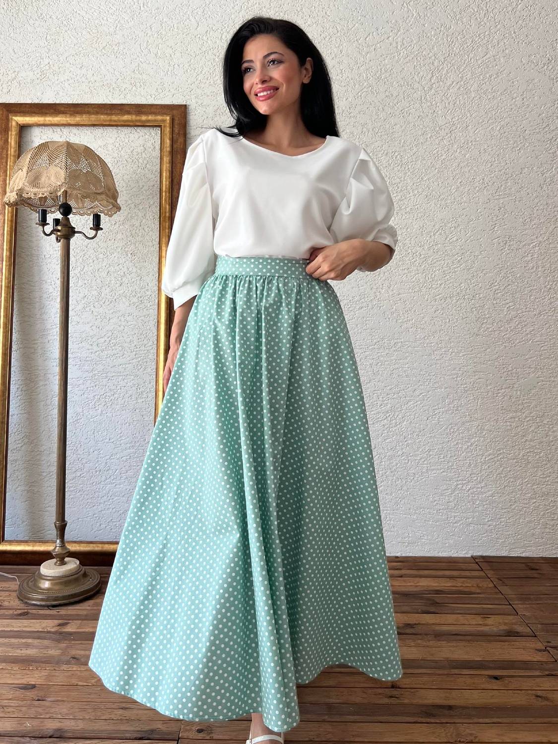 Зелена спідниця-плісе з горошком, 36-46 розміри, стійка до прання, не просвічує, зручна для носіння