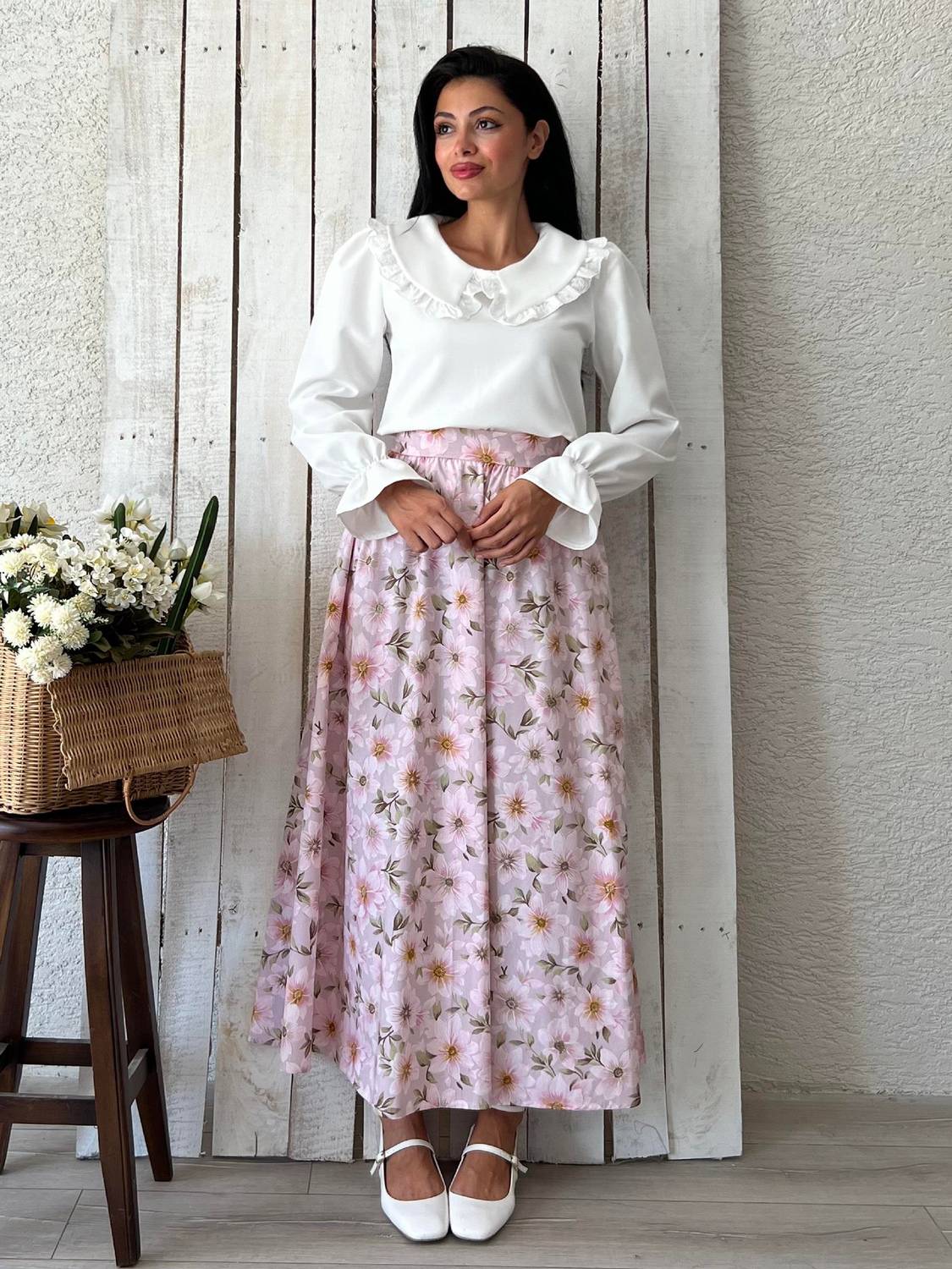 Pembe Açelya Çiçeği Kloş Poplin Etek