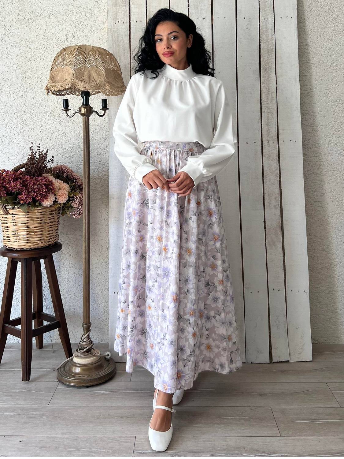 Lila Açelya Çiçeği Kloş Poplin Etek