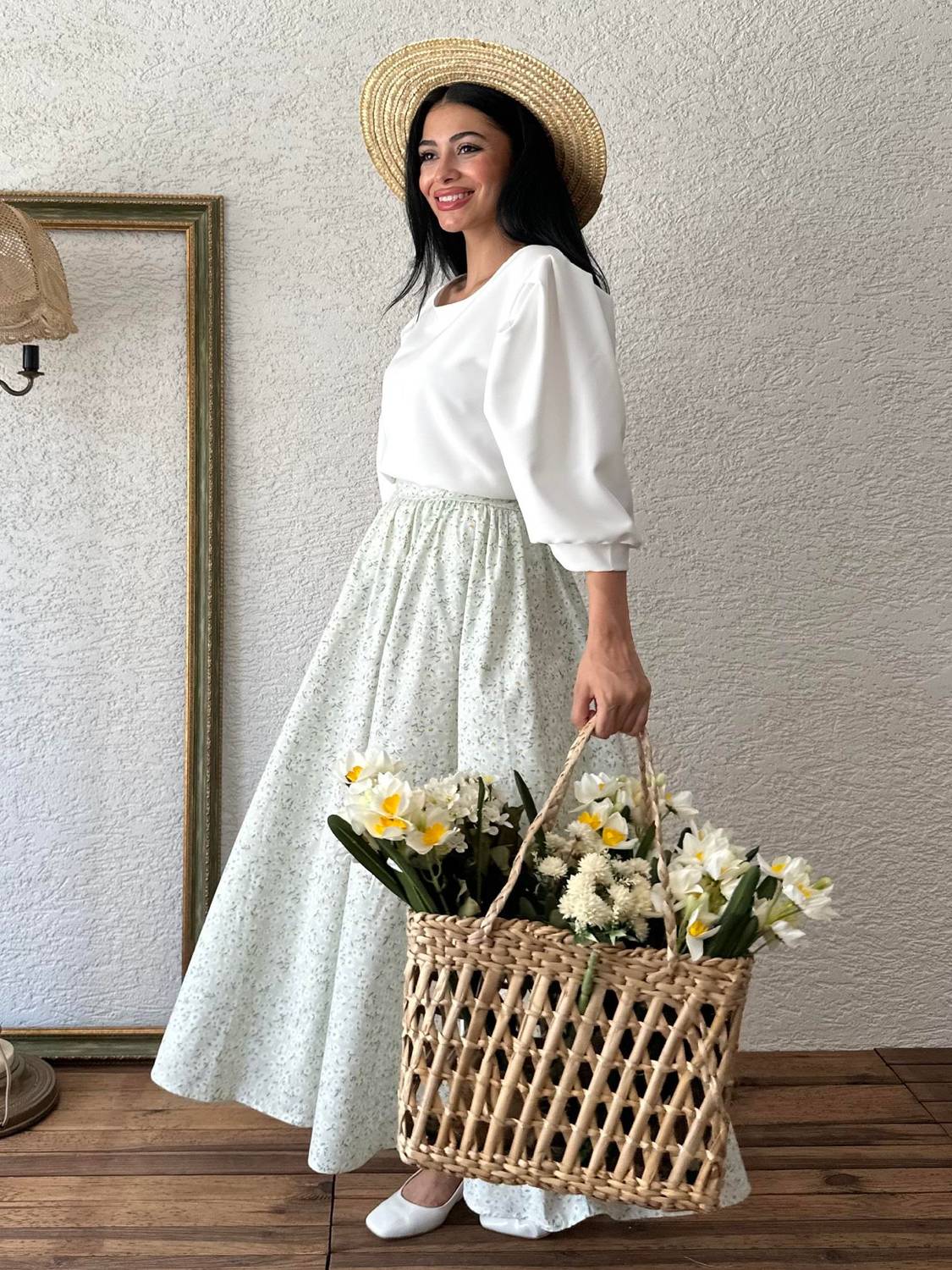 Su Yeşili Papatya Poplin Kloş Etek