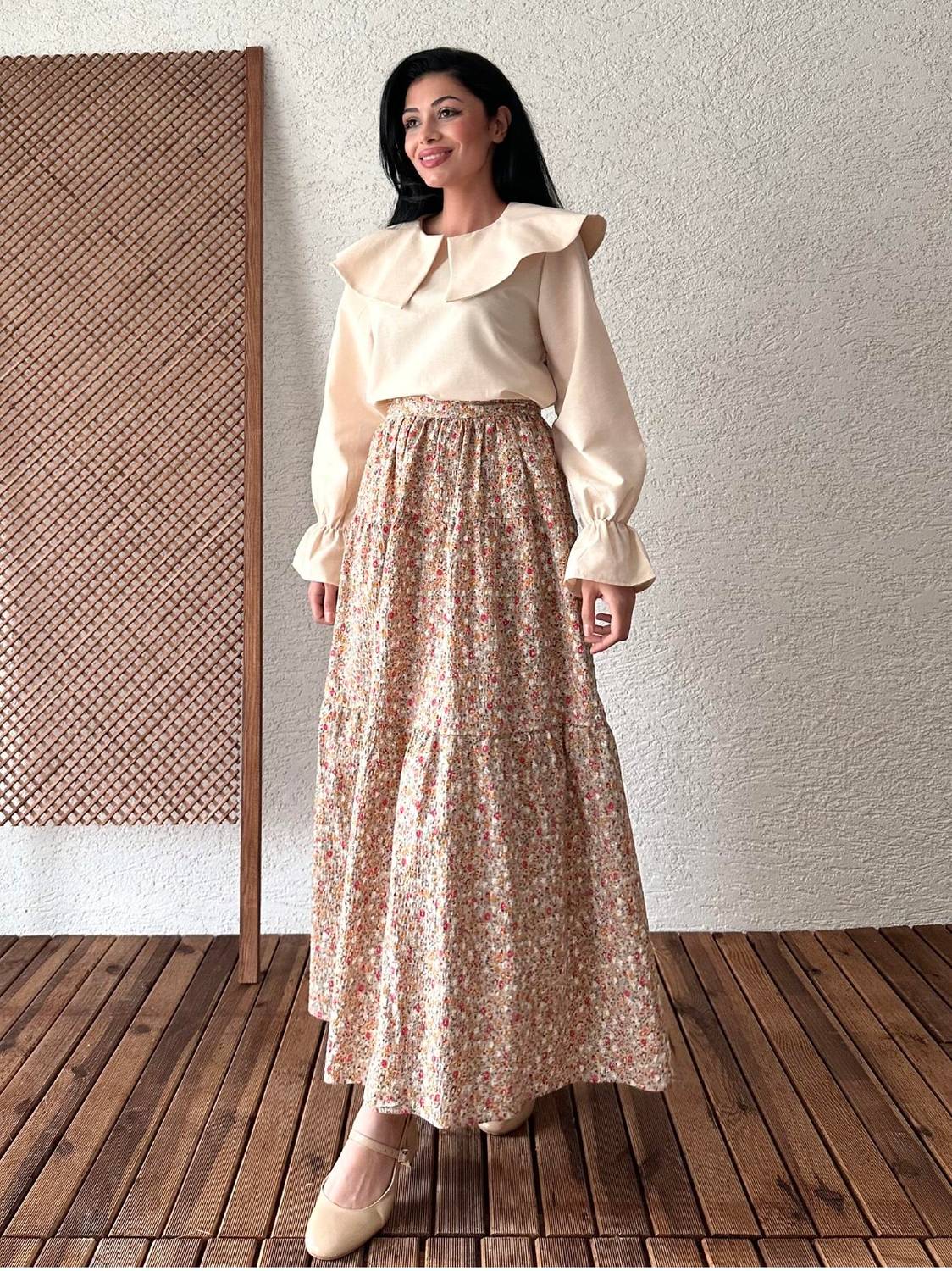 Gri Çiçekli Kat Kat Gofre Etek