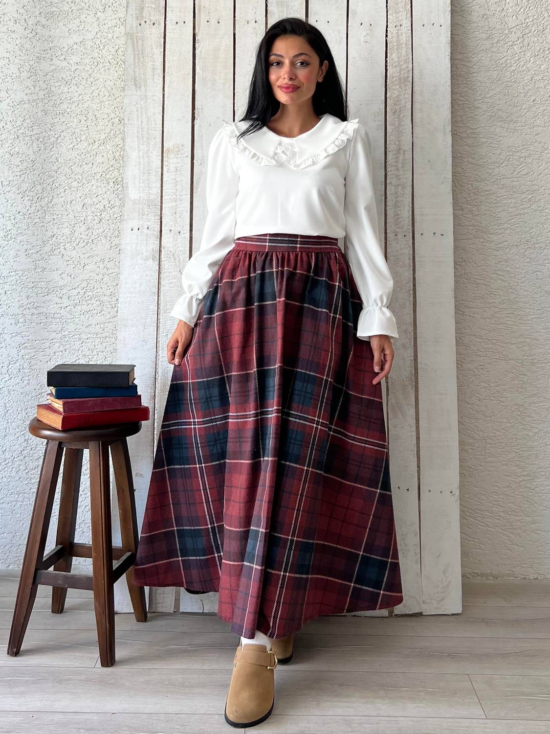 Kahve-Bordo Ekose Kloş Etek