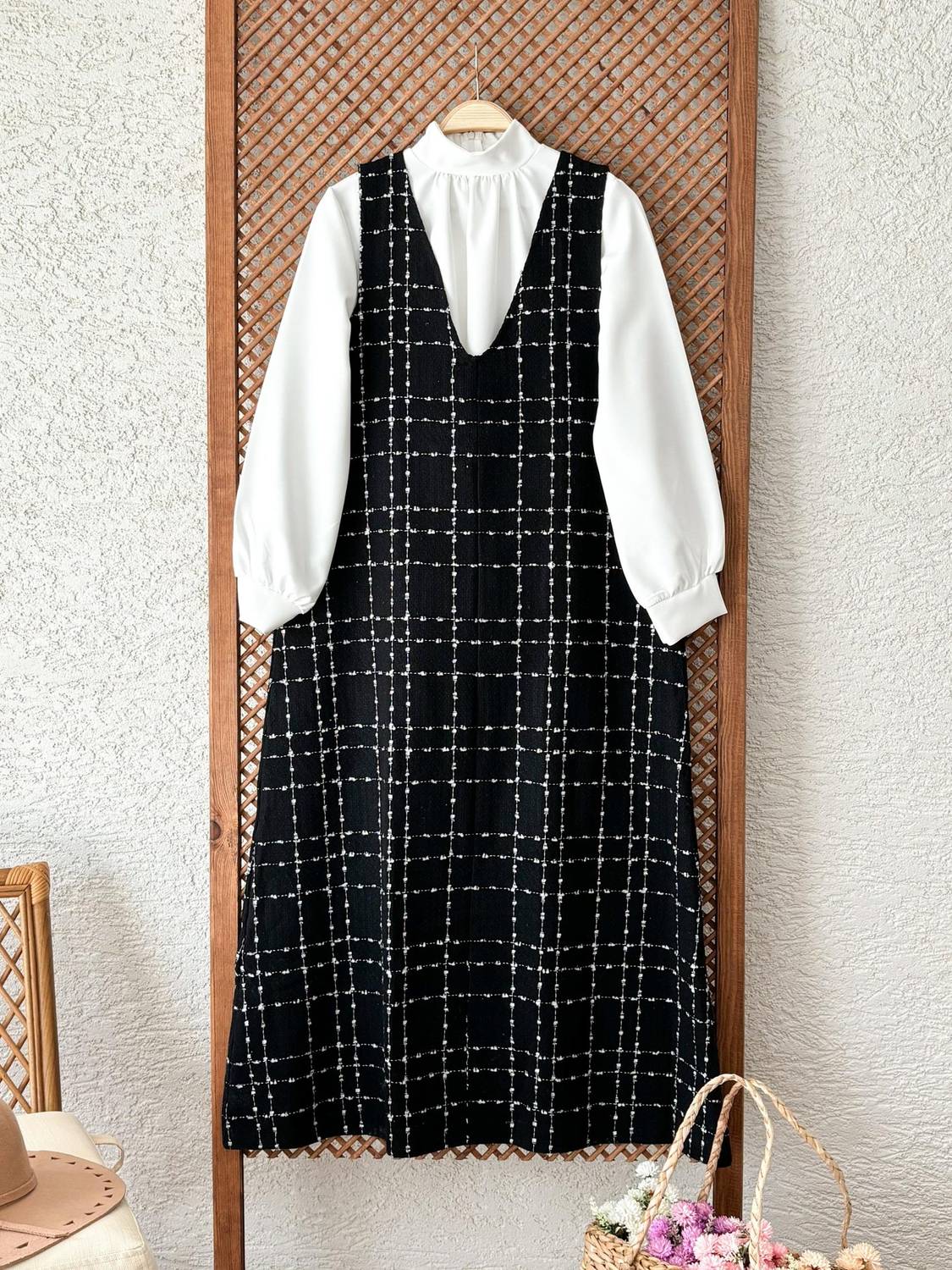 White Crepe Blouse with A-Line Black Tweed Dress Set for Women, Comfortable Fit, Suitable for Various Sizes