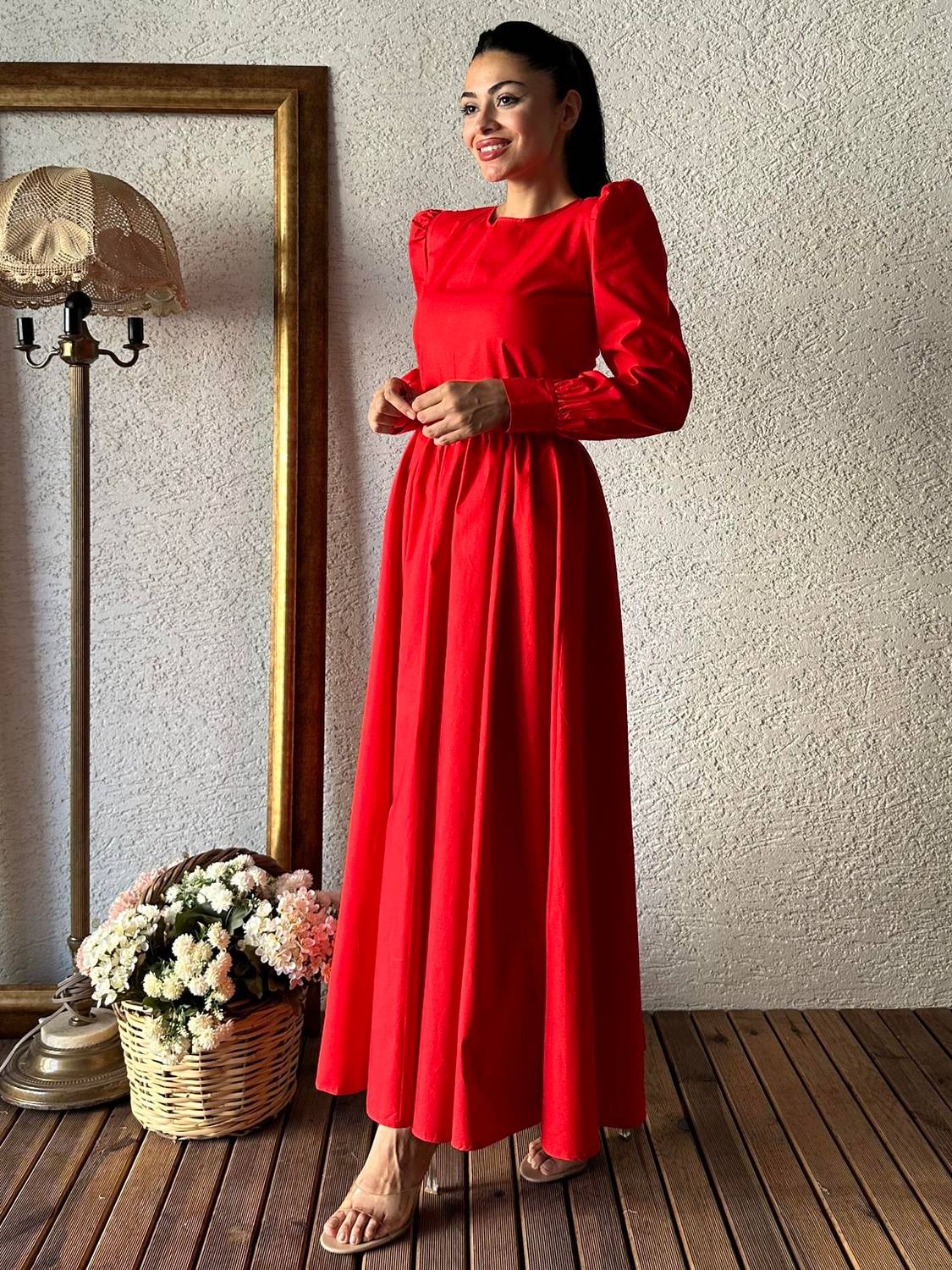 Red Cloak A-Line Poplin Dress for Women, 100% Cotton, Comfortable Fit, Suitable for Special Occasions and Everyday Wear