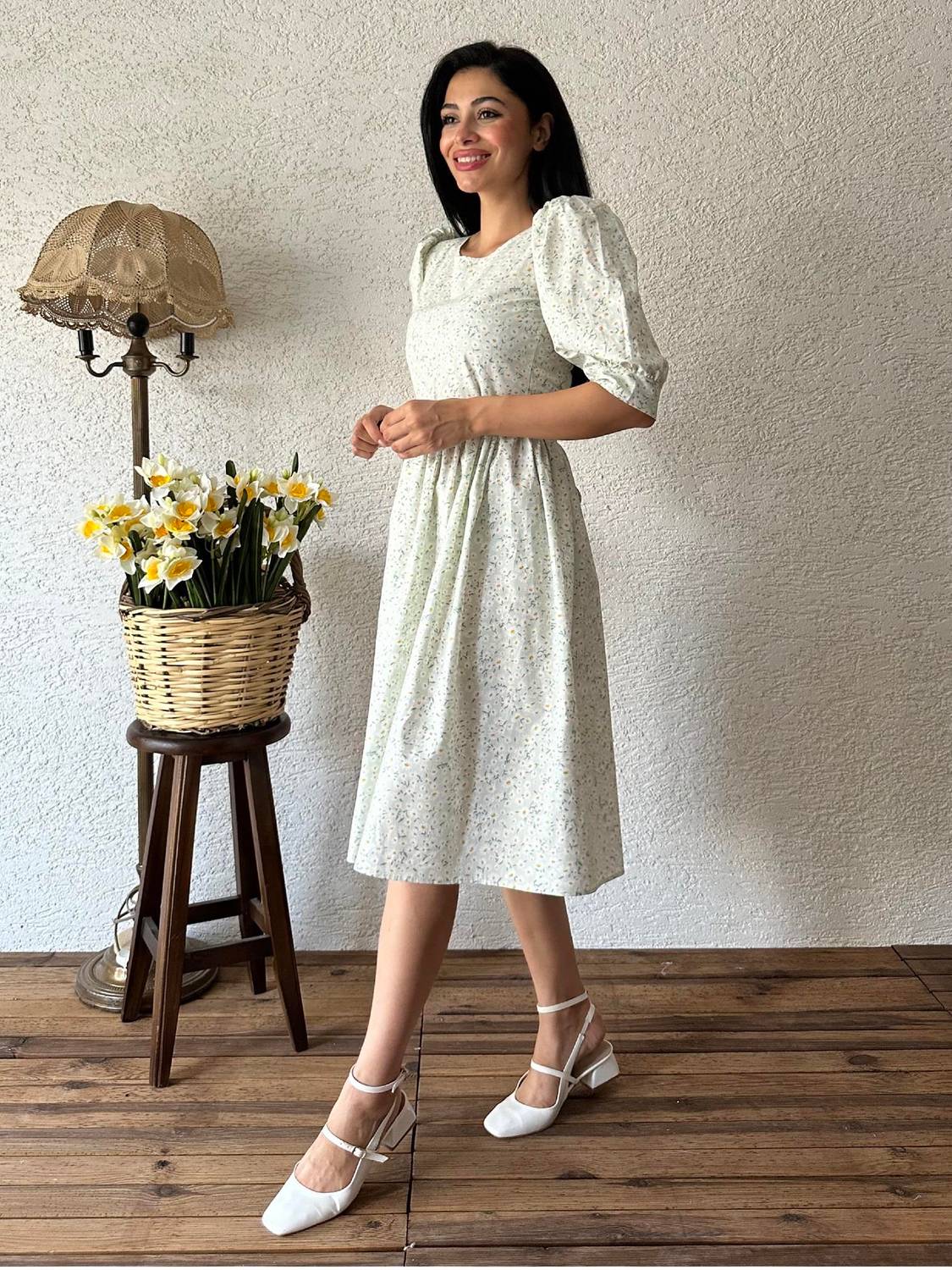 Su Yeşili Papatya Karpuz Kollu Elbise