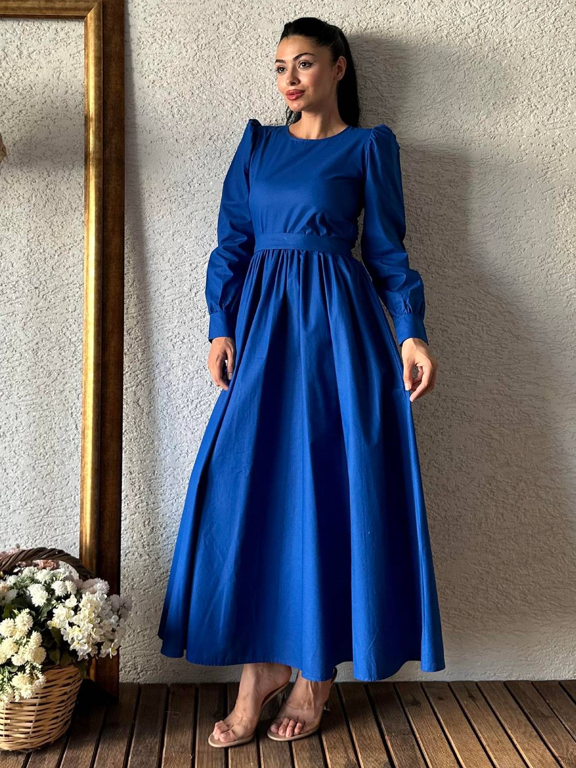 Modest Dark Blue Flared Poplin Dress in 100% Cotton, Elegant Design, Size Options Available, Perfect for Stylish Occasions