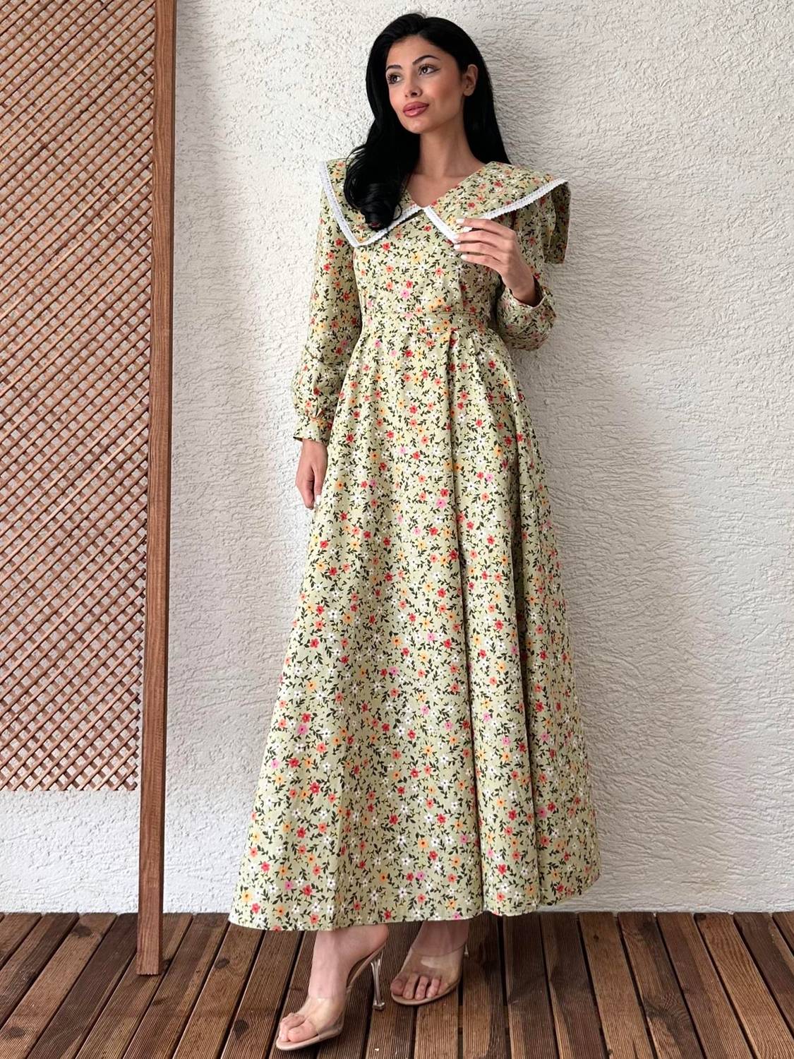 Vintage Green Floral Long Sleeve Dress with Large Collar and Waist Tie, Made of Wrinkle-Free Fabric, Available in Sizes 36-46