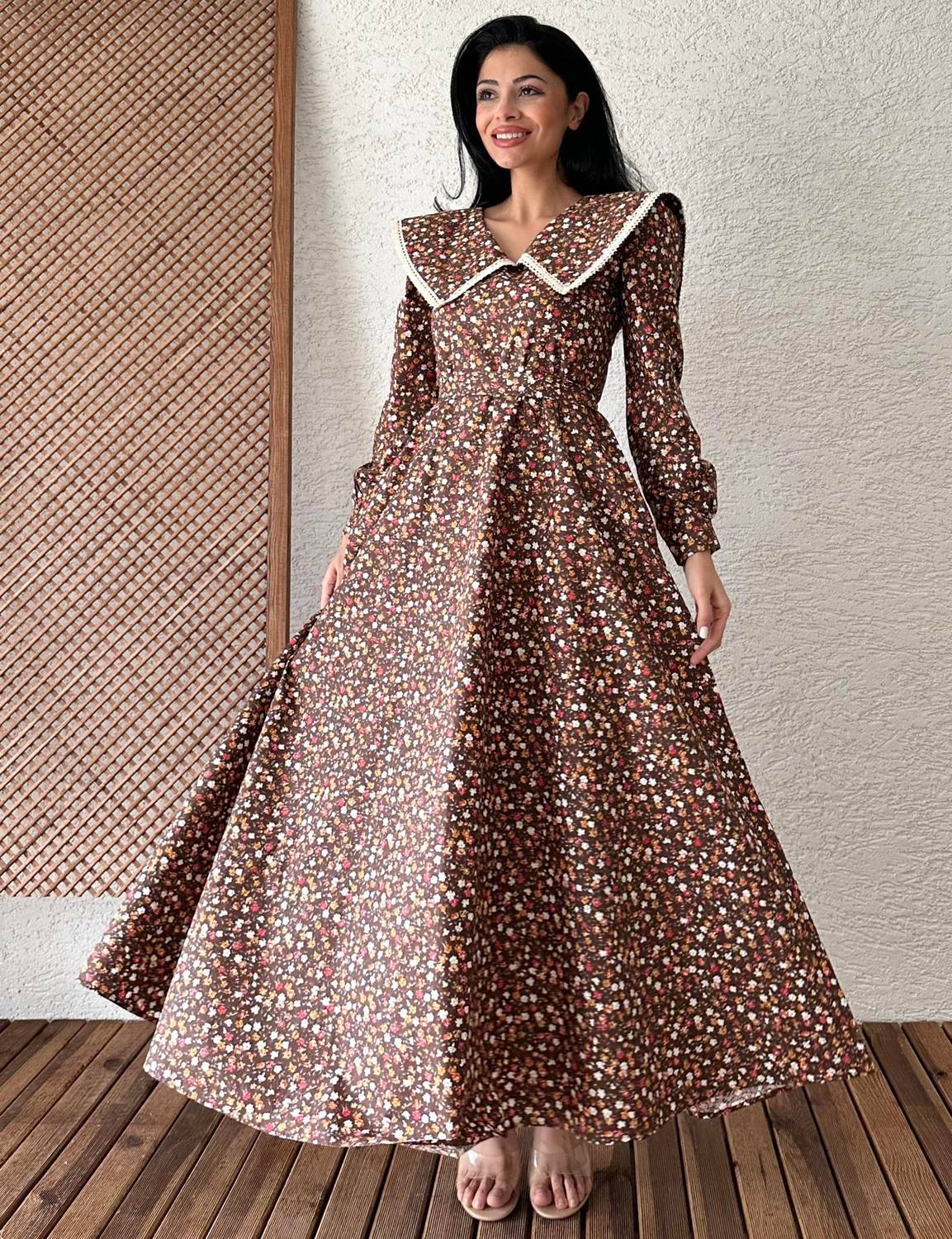 Vintage Brown Floral Pleated Dress with Large Collar Long Sleeve, Non-Creasing Fabric, Belted, Sizes 36-46 Available