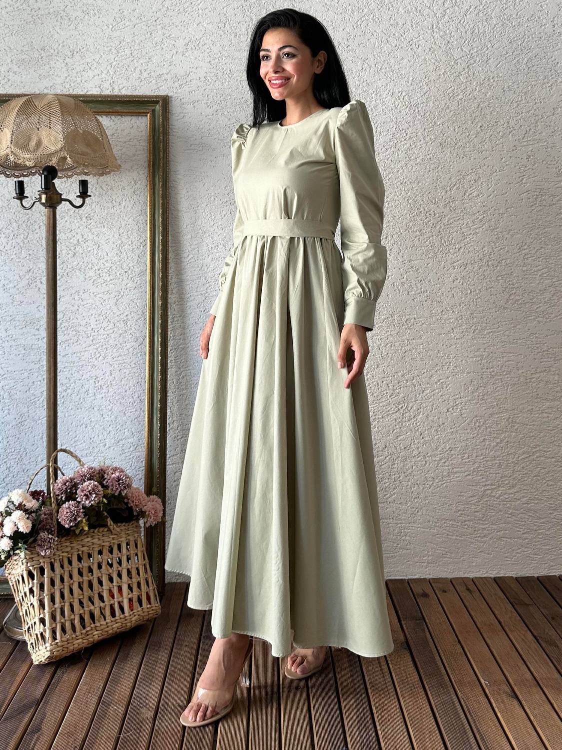 Plus Size Open Green Flared Poplin Dress 100% Cotton Stylish and Comfortable Suitable for Everyday Wear