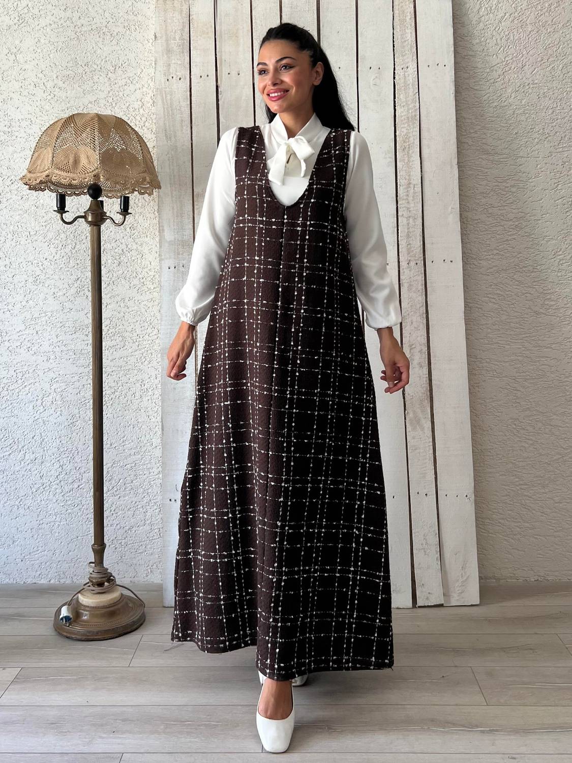 Brown Tweed A-Line Dress, Wrinkle-Resistant Fabric, Ideal for Women, Available in Sizes 36-46