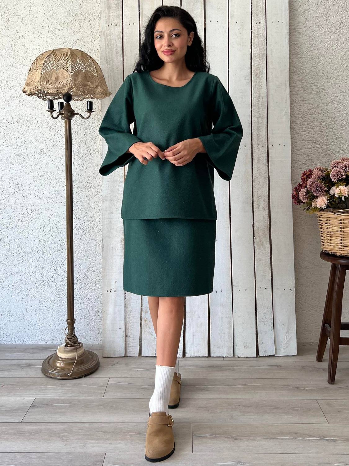 Zümrüt Yeşili Kaşe Salaş Bluz-Kısa Kaşe Etek Takımı (2 li Takım)