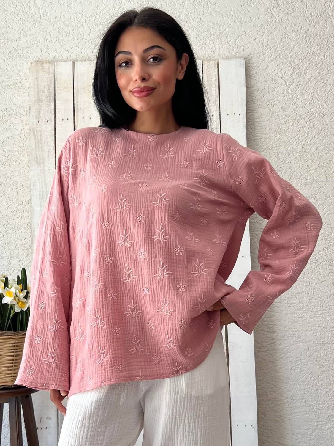 Pudra İşlemeli Salaş Müslin Bluz